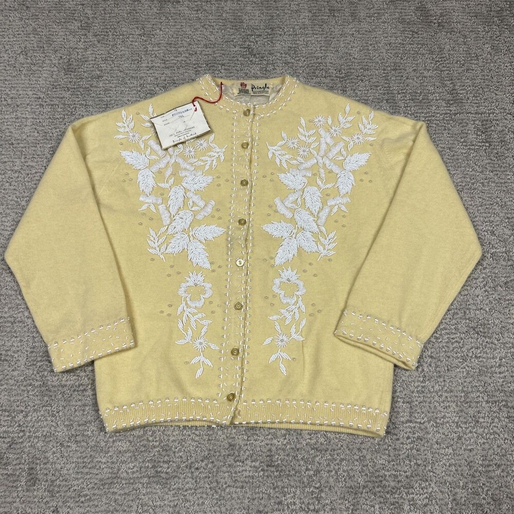 Pringle of Scotland 100% Cashmere cardigan sweater Beaded Medium Yellow New Flaw